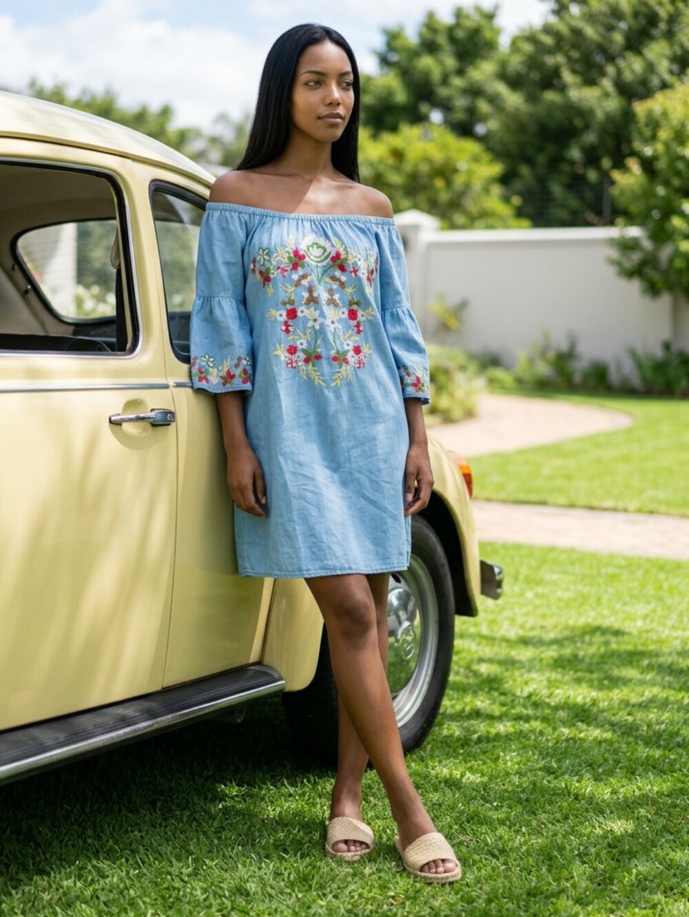 NWUmgee Embroidered Off the Shoulder Chambray Denim Shift Dress Bell Sleeve Sz S